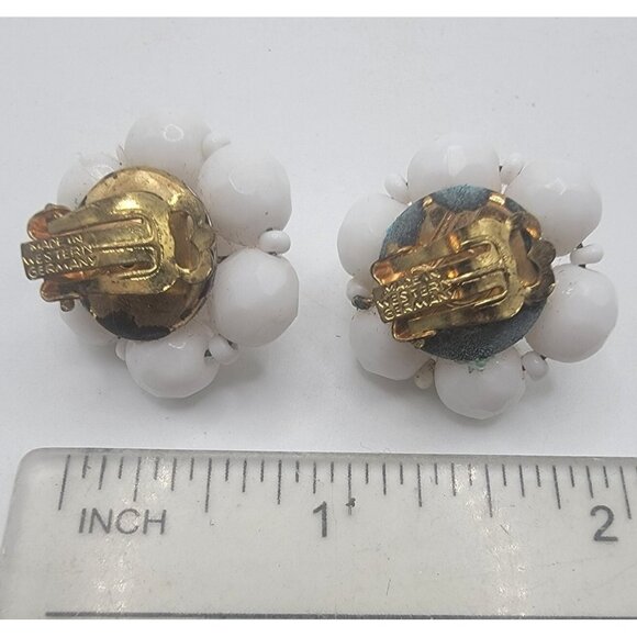 Vintage Earring Clip On White Cluster Bead Stud Signed Western Germany Jewelry - Picture 2 of 3